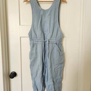 Not Perfect Linen NPL Lima Loose Cropped Linen Jumpsuit Chambray Blue Size Small